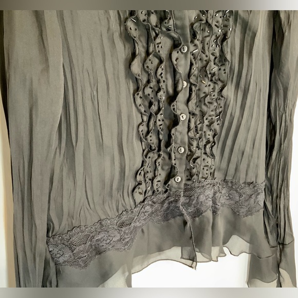 ALLISON TAYLOR - STUNNING Sheer Blouse RUFFLES LACE Button-down Sz M - BLACK - Picture 4 of 10